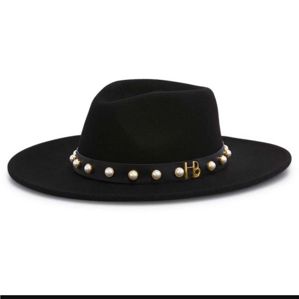 Henri Bendel Black Wide-Brim Hat with Pearl Accents